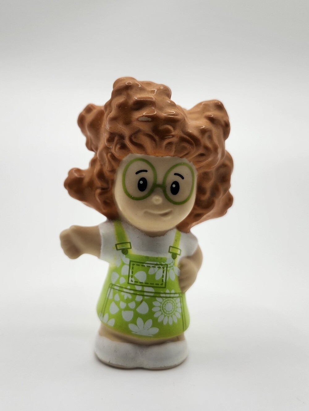 Fisher-price Little People Sophie Curly Hair Glasses Green Floral Overall Dress